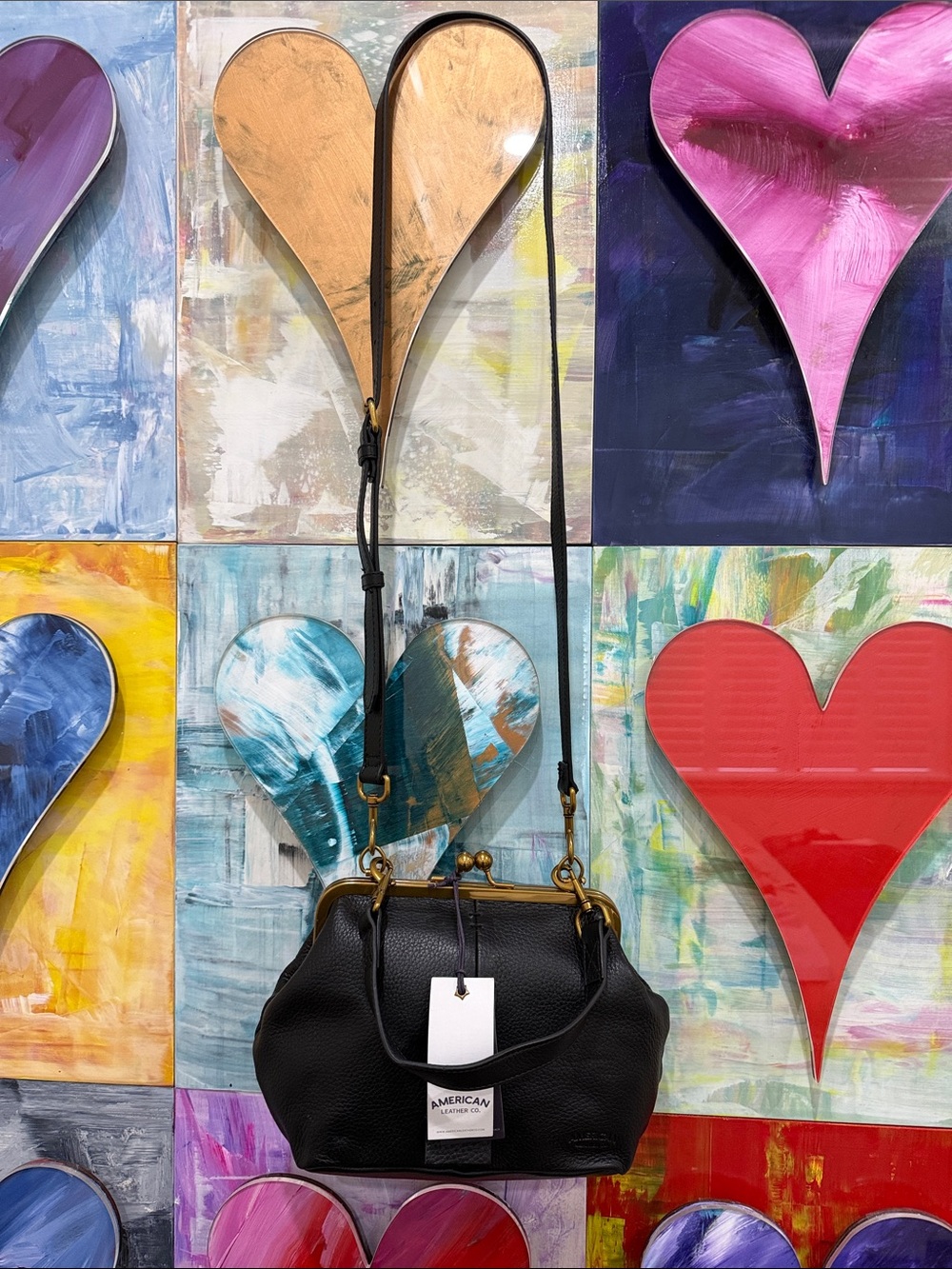 American Leather Kisslock Black Leather Crossbody Bag